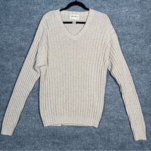 Eddie Bauer Men’s Tall Large Knit V Neck Vintage Sweater Heathered‎ Tan Grandpa